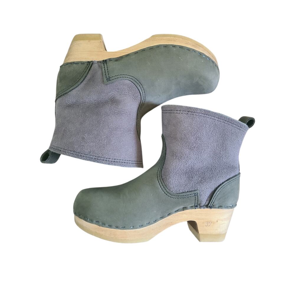 No.6 5" Pull On Shearling Clog Boots Mid Heel base Size 37 US 7 Grey/Olive Suede